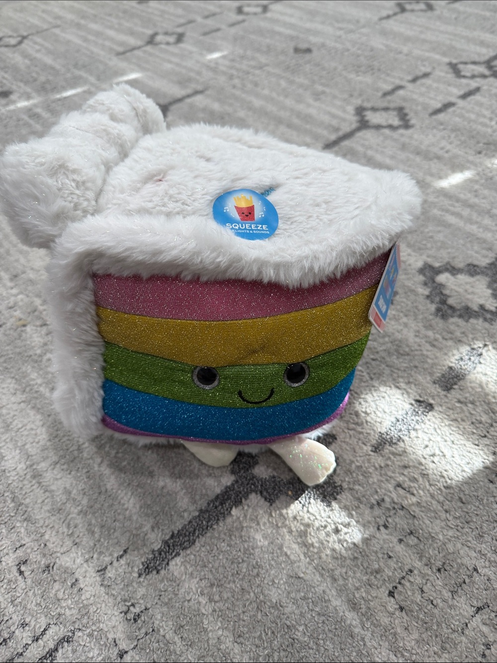 FAO Schwarz Glitter Rainbow Plush with White Faux Fur Hood